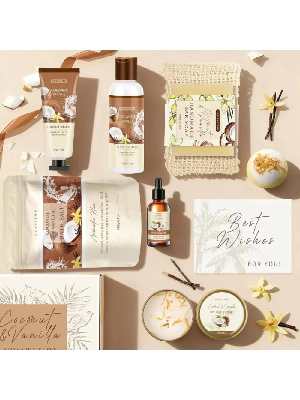 Relaxing Home Spa Gift Set - Vanilla Coconut Bath & Body Basket for Her